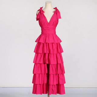 PLUNGE V RUFFLE TIERED SLIT GOWN IN PINK