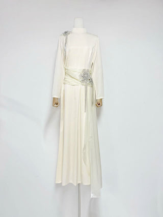 crystal flower Long-sleeve lace pleated maxi dress in apricot