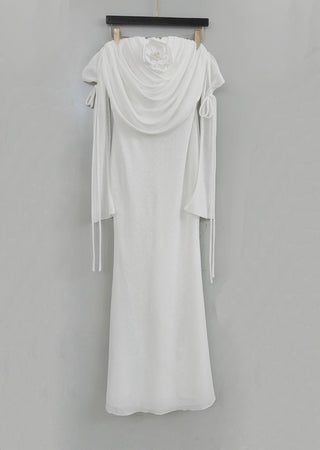 lila flower embellished pleated strapless maxi dress in white