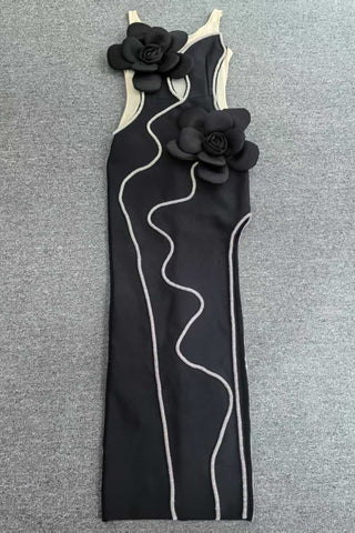 Diamond 3D Flower Sequin Bandage maxi Dress in black