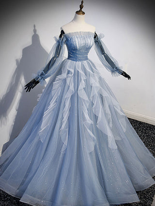 A-Line Tulle Gray Blue Long Prom Dress