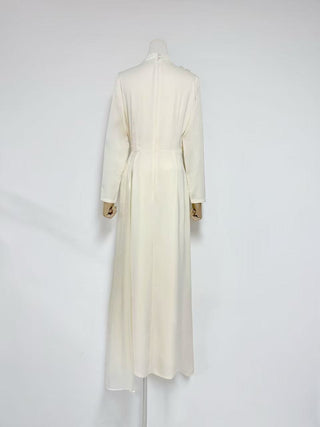 crystal flower Long-sleeve lace pleated maxi dress in apricot