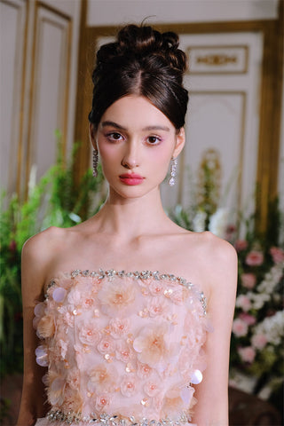 Pink Princess layer ruffle midi floral Embroidery strapless Dress