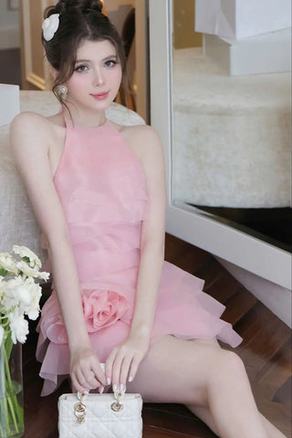 3d flower halter ruffle layer mini dress in pink