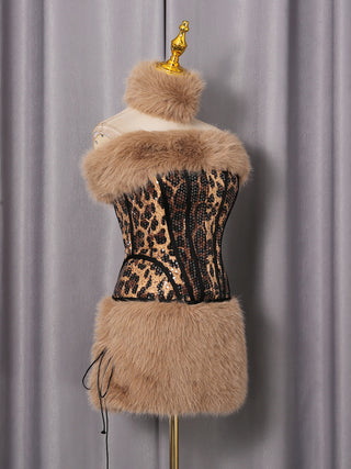 suzanne Leopard Fur Sequin Skirt Set