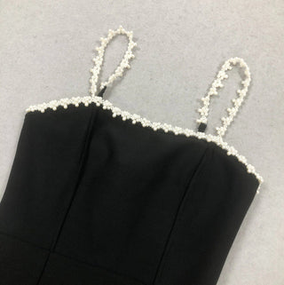 pearl embellished strap mini dress in black