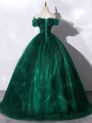 Green tulle off shoulder prom dress