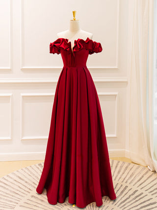 A-Line Off Shoulder Satin Burgundy Dress