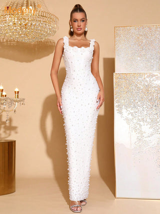 adela white flower Beaded square-neck elastic bandage maxi dress