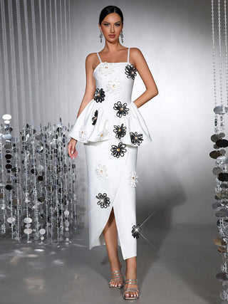 white bodycon midi dress Bandage elastic sling with handmade flower