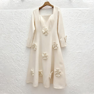 winifred 3d flower embellished  long sleeve maxi dress in white