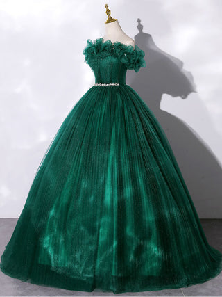 Green tulle off shoulder prom dress