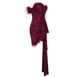 burgundy feather embellished strapless mini dress