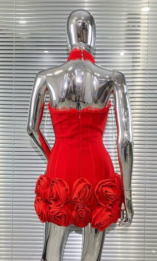 louise Halter Neck Flower Bandage Mini Dress in red