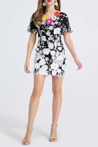 letitia 3d floral embroidery mini dress in black