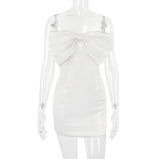 SATIN CRYSTAL EMBELLISHED BOW DRESS IN WHITE