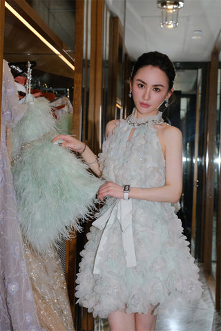 Pastel Green Ribbon Floral wedding guest bridal Dress