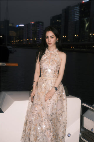 Gold Couture with Floral Embroidery Sequin Banquet Dress