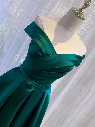 Simple green satin off shoulder dress