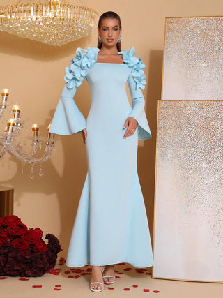 cynthia 3D Flower long sleeve bodycon Maxi Dress in blue