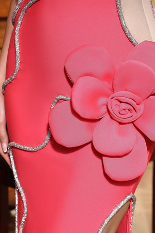 Diamond 3D Flower Sequin Bandage maxi Dress in rose red