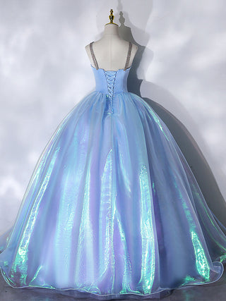 Ball Gown Neck Blue Tulle Long Prom Dress