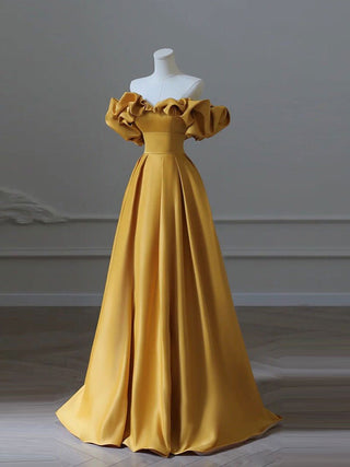 Yellow A-Line Satin maxi Prom Dress