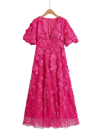 modesty Puff sleeve V-neck embroidery midi dress in rose red