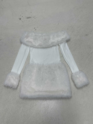 White Strapless faux fur slim mini dress