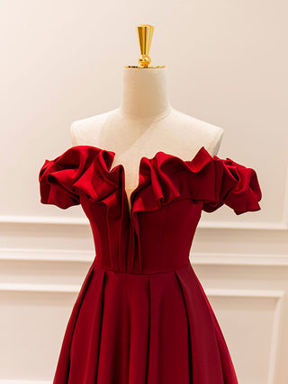 A-Line Off Shoulder Satin Burgundy Dress