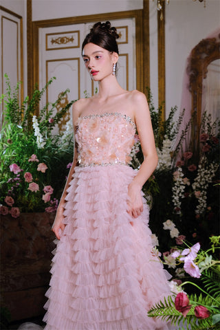 Pink Princess layer ruffle midi floral Embroidery strapless Dress