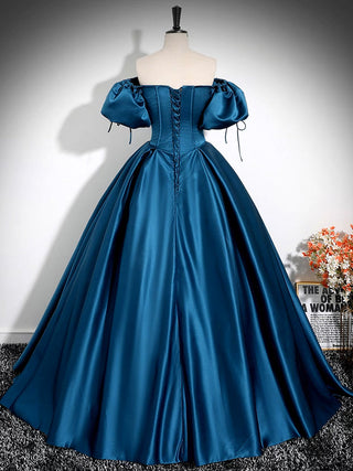 A-Line Puff Sleeves Satin Peacock Blue Prom Dress