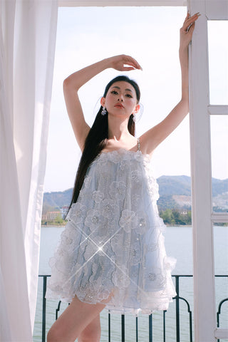 Tutu Light Blue Sleeveless Flower Diamond Short Doll Dress