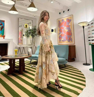 kristin Long Sleeves Floral Printed Asymmetric Lace Maxi Dress