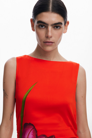 red sleeveless floral print with a ruched waist midi dress