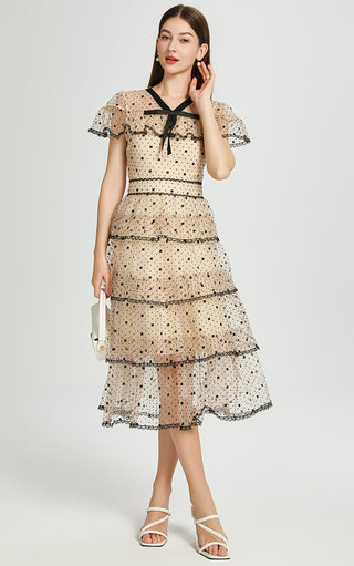 floral Embroidery pleated mesh midi dress in apricot