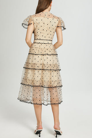 floral Embroidery pleated mesh midi dress in apricot