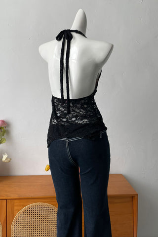 backless Sheer Lace Halter Top in black