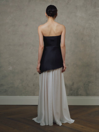 satin Spliced tulle  strapless maxi dress in black and white