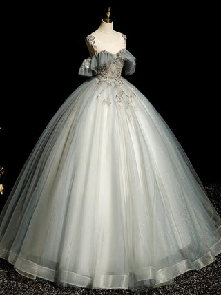 A-Line Round Neck Tulle Gray Blue Prom Dress