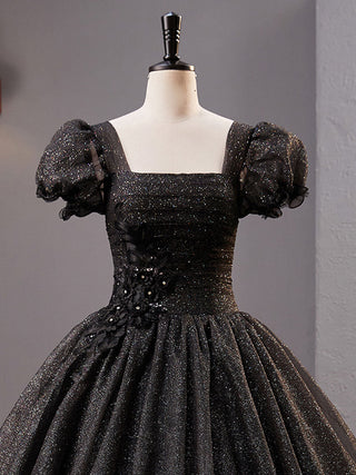 shiny Black Square Neckline Tulle Prom Dress