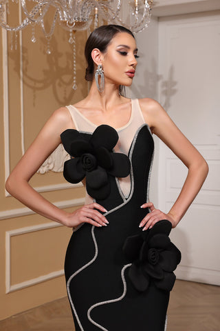 Diamond 3D Flower Sequin Bandage maxi Dress in black