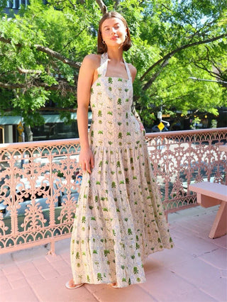 halter neck backless layered floral print maxi dress in green