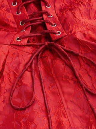 Jacquard Floral Lace-up Mini Dress in red