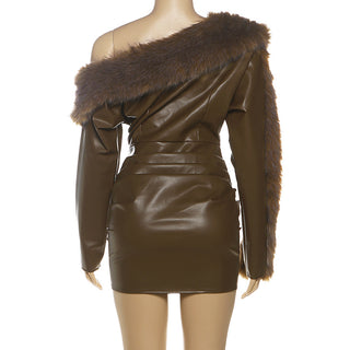 sibyl Leather fur collar asymmetrical mini dress in brown