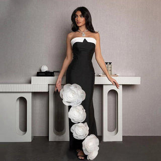 Makala 3d Flower Fishtail Maxi Bandage Dress in black