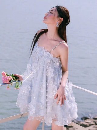 Tutu Light Blue Sleeveless Flower Diamond Short Doll Dress