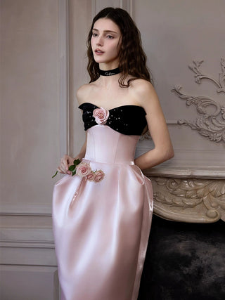Satin Pink flower Strapless maxi prom dress