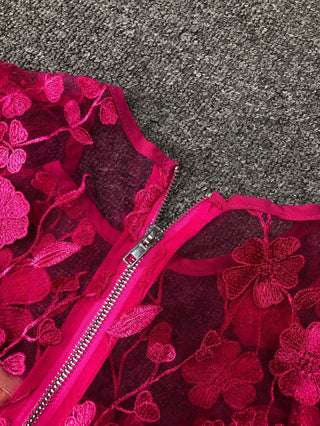 Rose red floral lace Long Sleeve Mini Dress