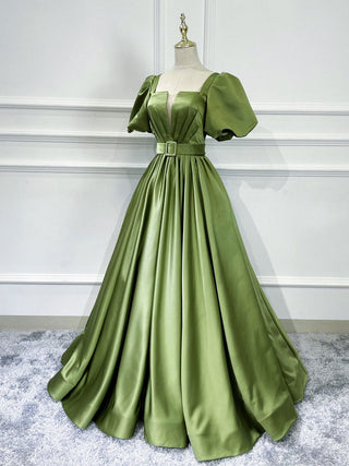 Green satin maxi prom dress